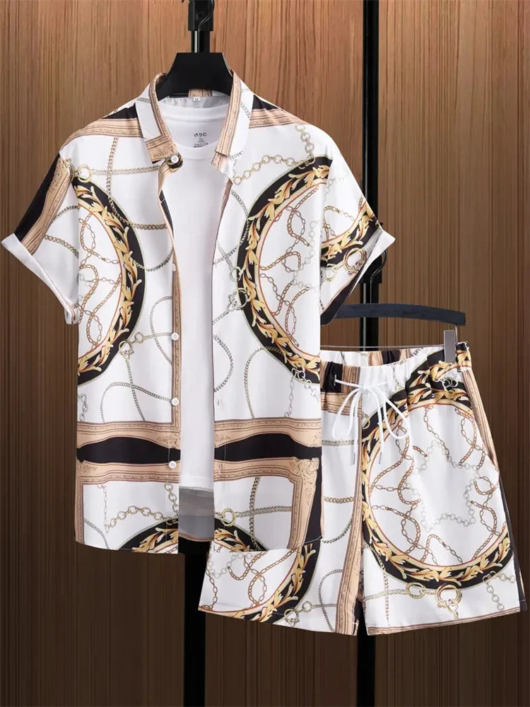 2024 New Men's Beach Wear 2-Piece Quick Drying Hawaiian Shirt and Shorts Set Summer Men's Fashion Striped Print Casual Wear