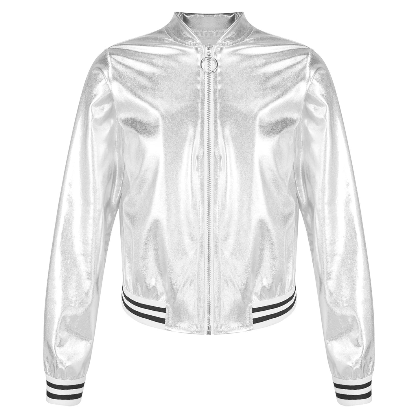 Kids Girls Long Sleeve Casual Sports Bomber Jackets Jazz Hip-hop Street Dance Costume Boys Shiny Metallic Baseball Outwear Coats