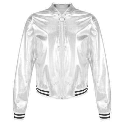 Kids Girls Long Sleeve Casual Sports Bomber Jackets Jazz Hip-hop Street Dance Costume Boys Shiny Metallic Baseball Outwear Coats