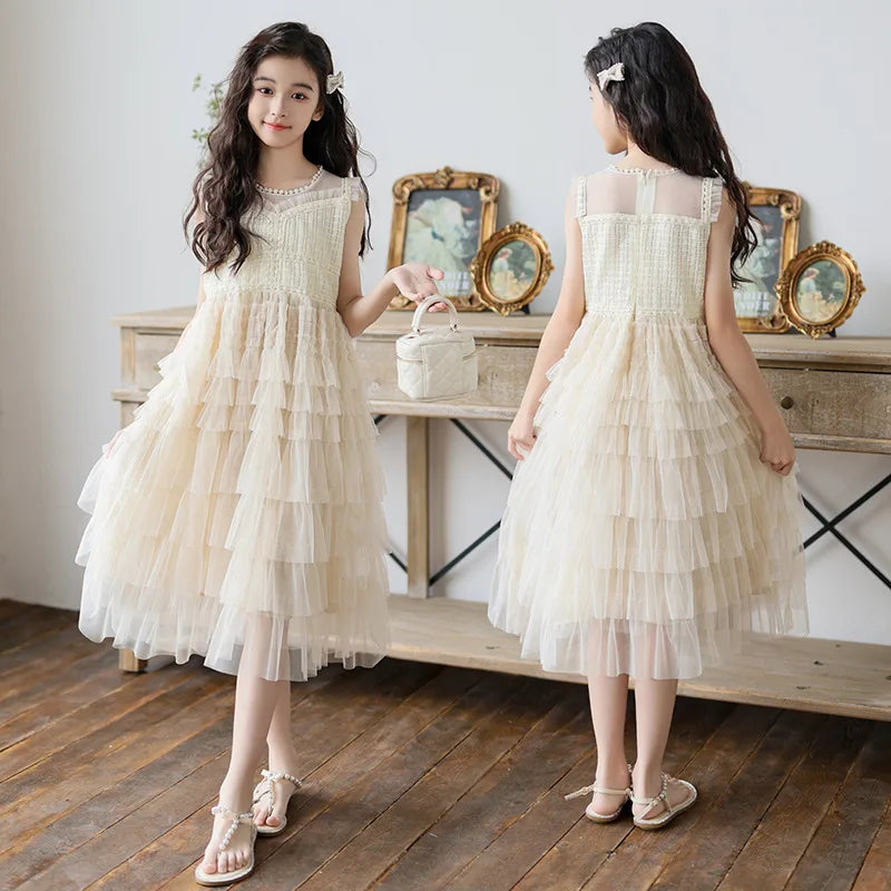Tulle Tiered Dress for Girls 2026 New Summer Sleeveless Vest Princess Dress Daily Party Holiday Beige Teenage Children Clothes