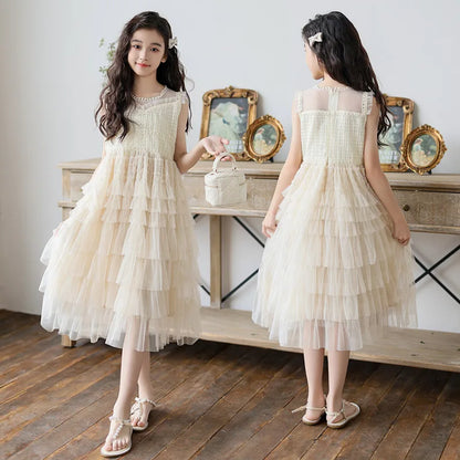 Tulle Tiered Dress for Girls 2026 New Summer Sleeveless Vest Princess Dress Daily Party Holiday Beige Teenage Children Clothes