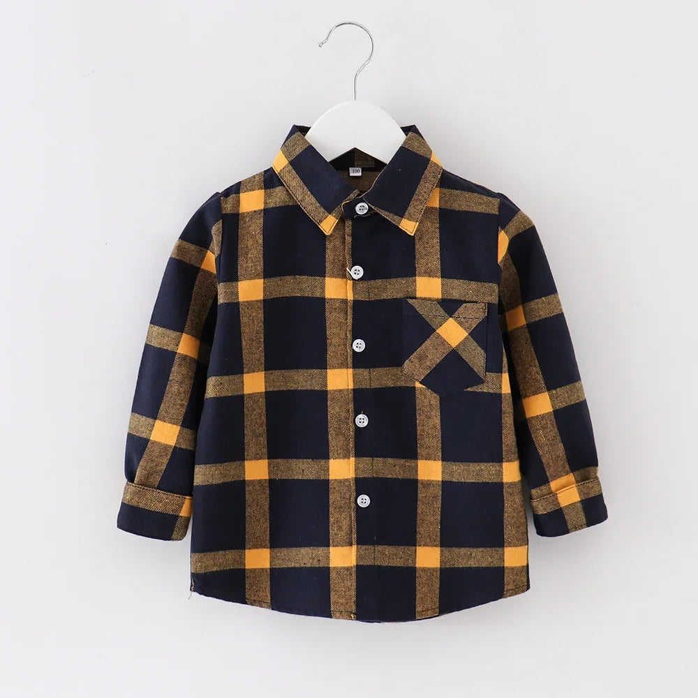 Shirts for Boys Spring Autumn Fashion Casual Plaid Blouse School Boys Clothes Long Sleeve Brushed Shirt Teen Children Clothes