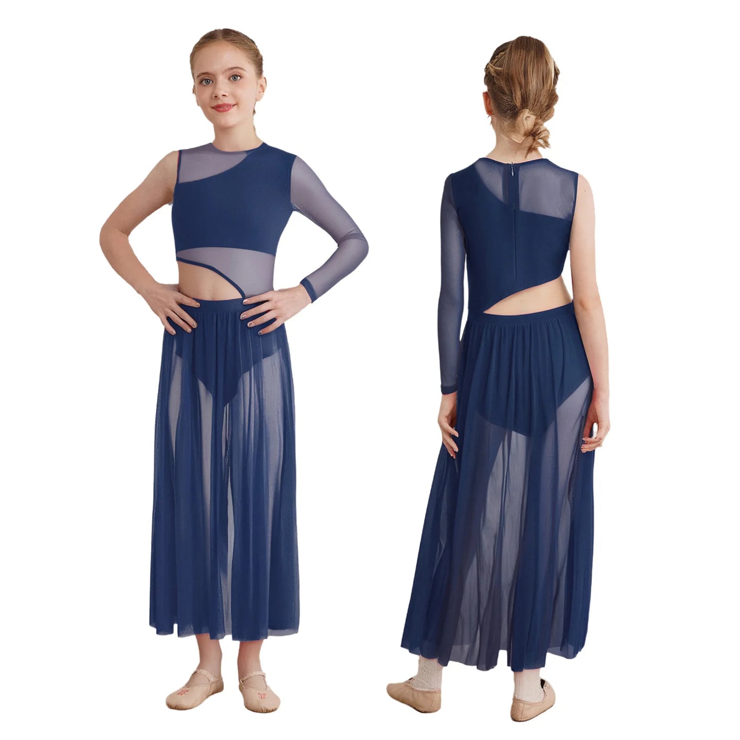 Kids Girls Modern Lyrical Dance Dresses Delicate Applique Keyhole Back Side Split Irregular Hem Asymmetrical Ruched Mesh Dress