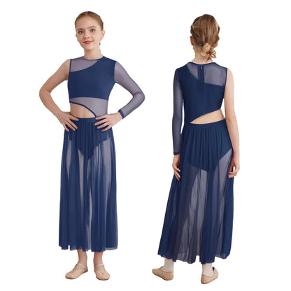 Kids Girls Modern Lyrical Dance Dresses Delicate Applique Keyhole Back Side Split Irregular Hem Asymmetrical Ruched Mesh Dress