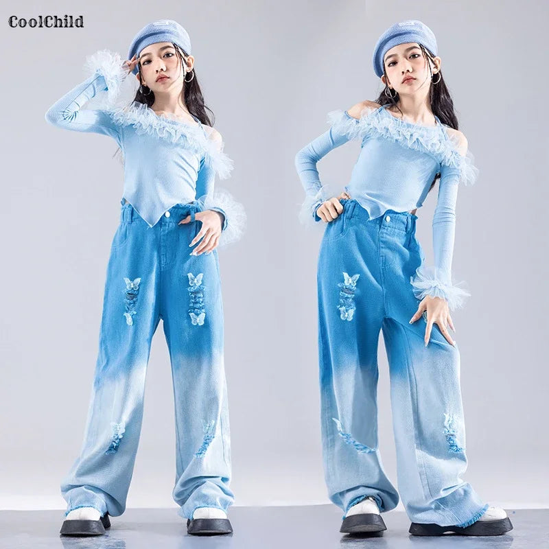 Girls K-pop Elegant Crop Top Cargo Pants Children Hip Hop Jazz Dance Shorts Kids Sweet Streetwear Costume Princess Clothes Sets