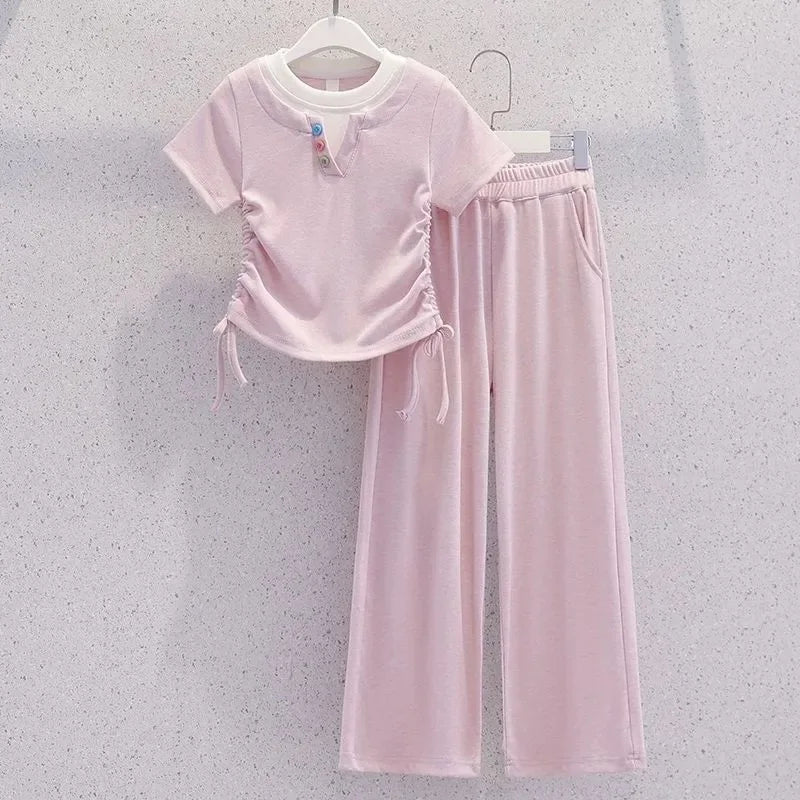 Summer Teenage Girls Clothes Set Children O-Neck Tshirt and Casual Pants Suit Student School Short Sleeve Top Bottom Outfits