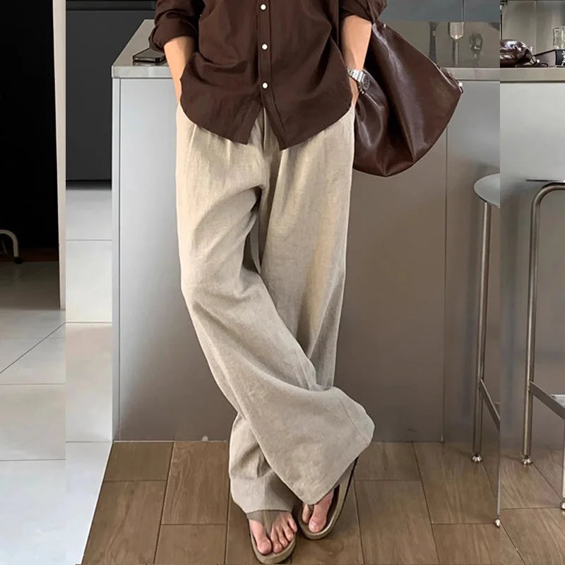 Men's Linen Dress Pants Spring and Summer Breathable White Cotton-Linen Lazy Floor-Length Pants Korean Style Loose Straight Casual Pants
