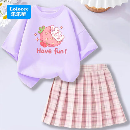 Girls' Trendy School Outfit - Cartoon Music Guitar Rabbit Print Tee + Plaid Skirt Two-Piece Set Teenage Girls Clothes Set