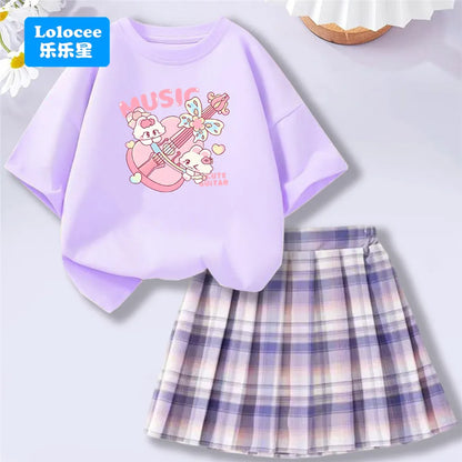 Girls' Trendy School Outfit - Cartoon Music Guitar Rabbit Print Tee + Plaid Skirt Two-Piece Set Teenage Girls Clothes Set