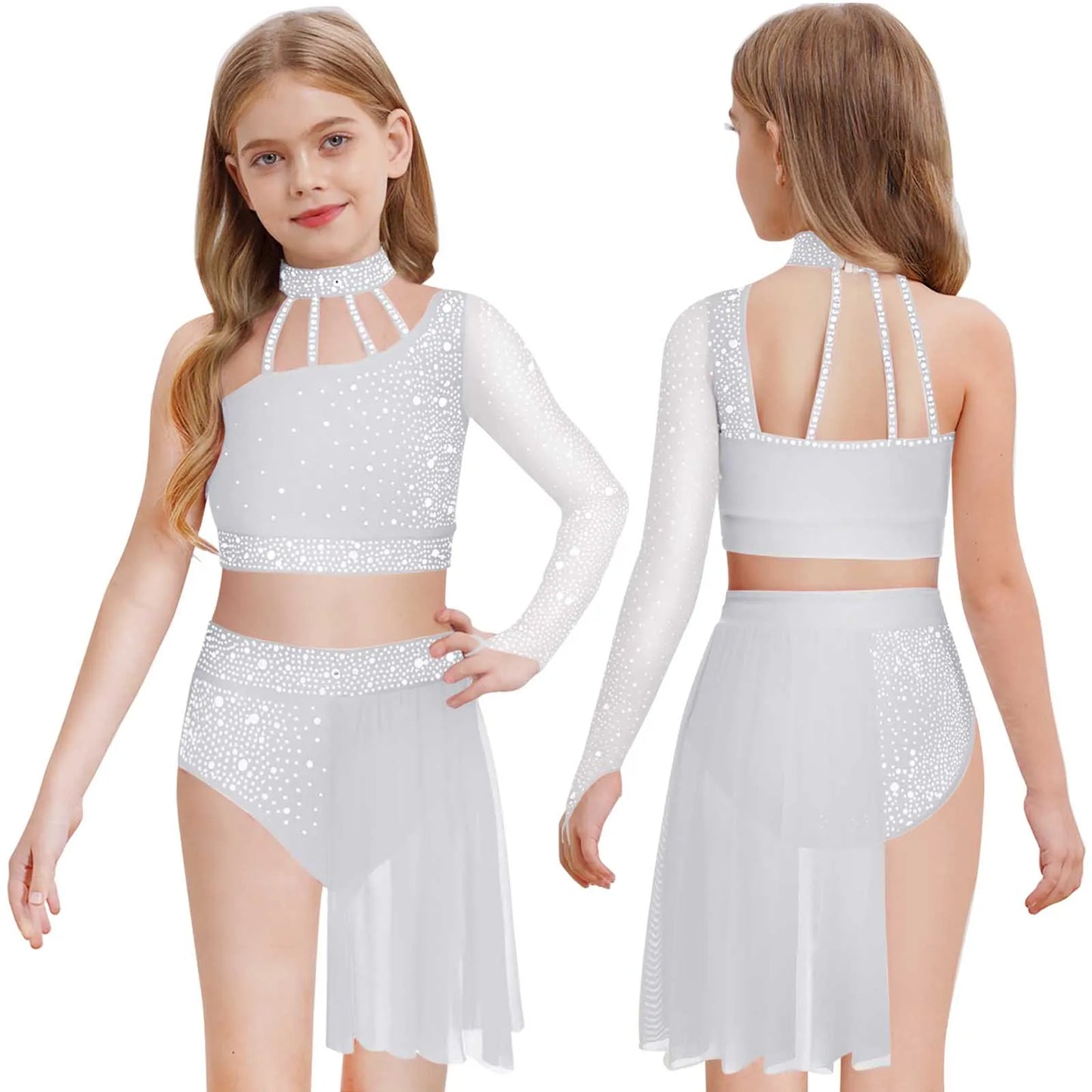 Girls Lyrical Dance Outfit One Shoulder Rhinestone Crop Top with Skirts Modern Contemporary Ballet Gymnastics Skating Dancewear