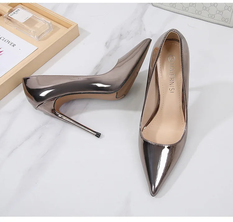 High Heels for Women ELEGANT Sweet Fashion British Style Slip-On 12CM Thin Heels Pointed Toe Office Career Women Shoes Gold 46
