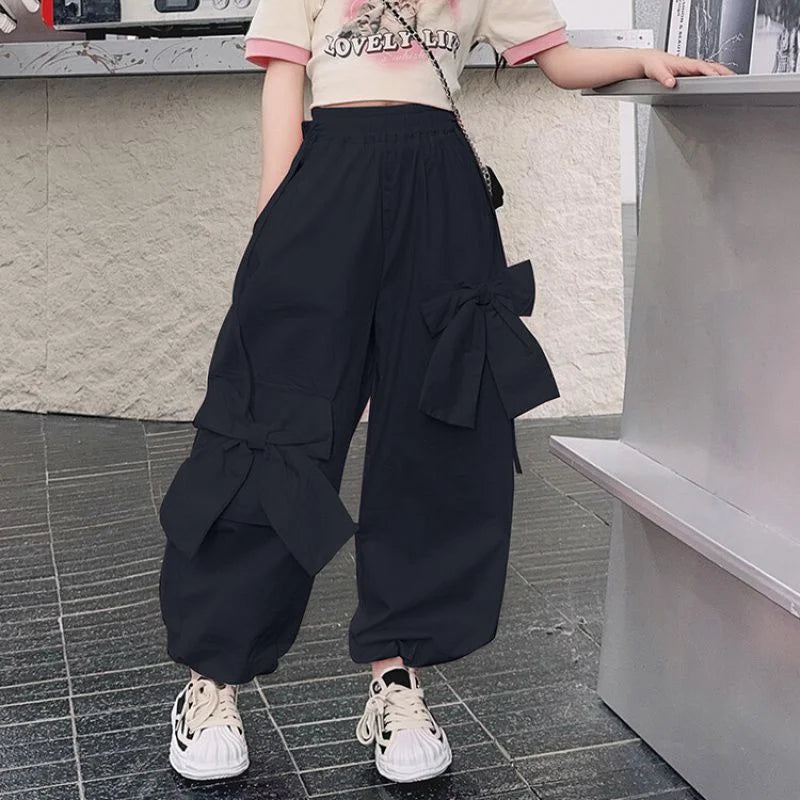 Girls Bow Cargo Pants 2025 New Kids Spring Sweet Trousers Children Autumn Fashion Loose Pants Teenager Wide Leg Clothing