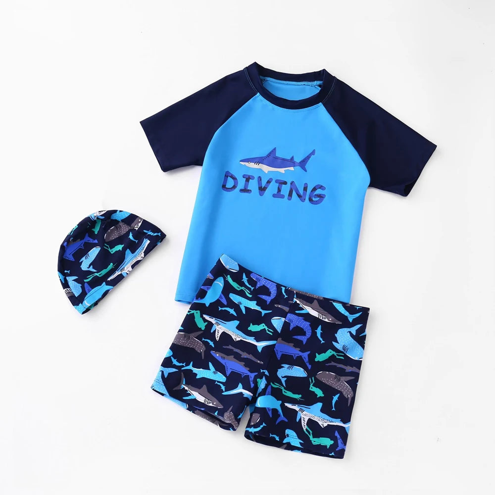 Boys Swimsuit 2025 3-Pieces Set Cute Cartoon Shark Print Kids Beach Suit Short Sleeve Swimwear with Swim Hat Toddler BeachWear