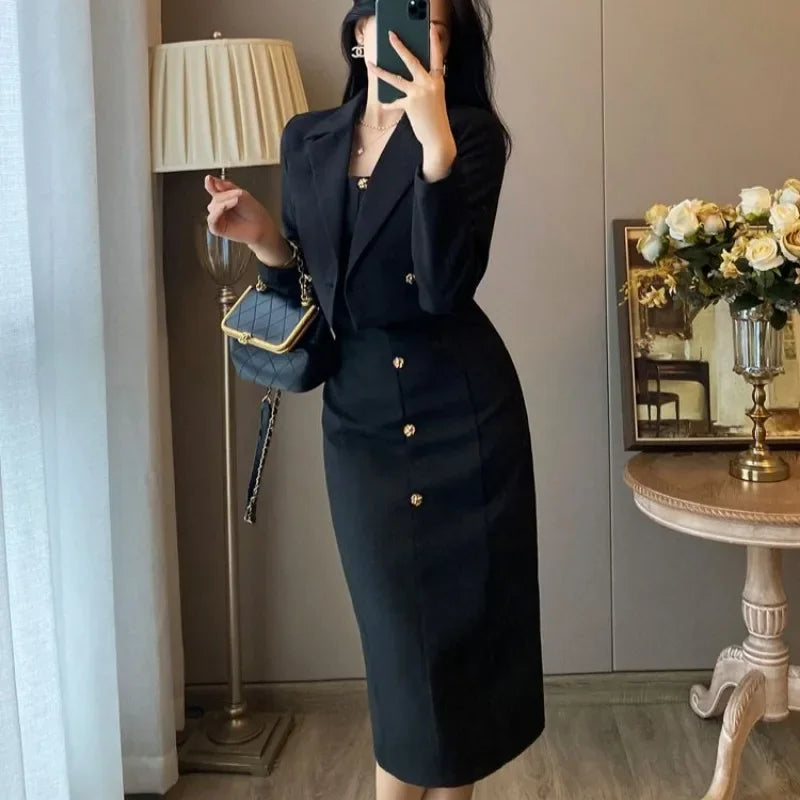 Long Sleeve Office Suits Female Outfits Dress Sexy Midi Women's Two Piece Set Formal Occasion New in Matching Sets The Same Full