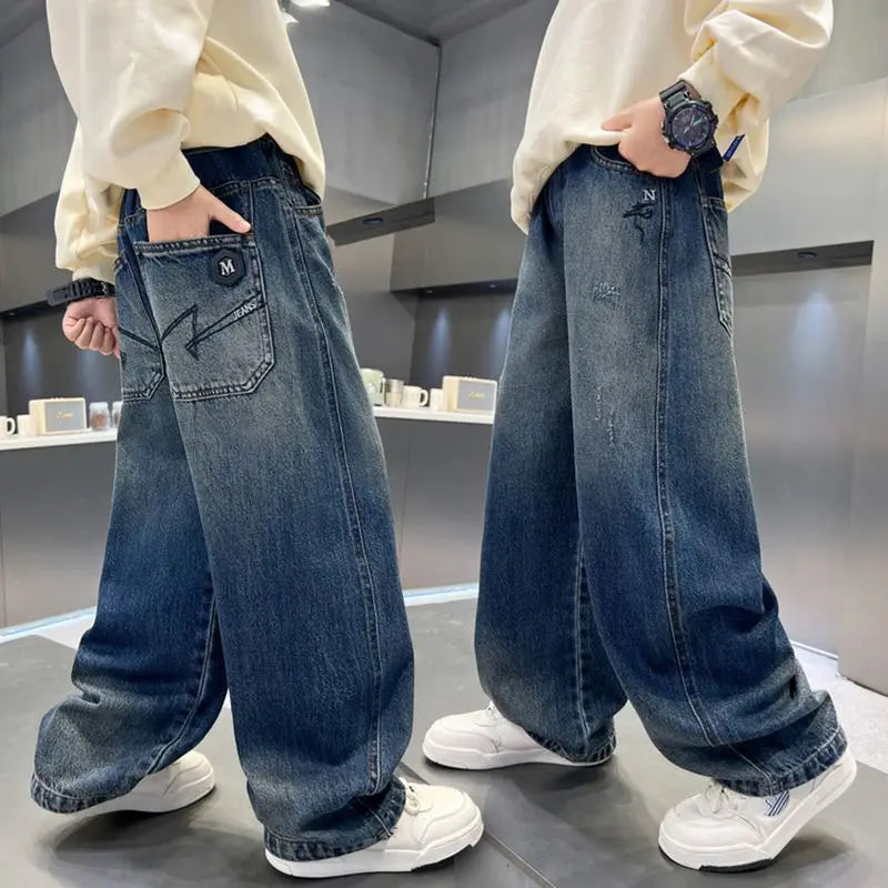 Boy Jeans For Teenage Casual Style Letter Pattern Loose Pants For Children Toddler Kids Clothes 4 6 8 9 10 11 12 13 14 Years