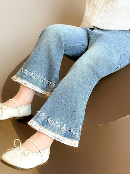 Girls Casual Pearl Trimmed Denim Pants Spring Autumn New Style Fashionable Kids Clothing High Waist Flared Legs Thin Material