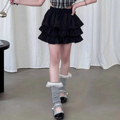 Cake Dress Sweet Girls Wear Suit Teens Party T-shirt Plaid Skirt Set Short Sleeve Preppy Style Costume Children Summer Clothes