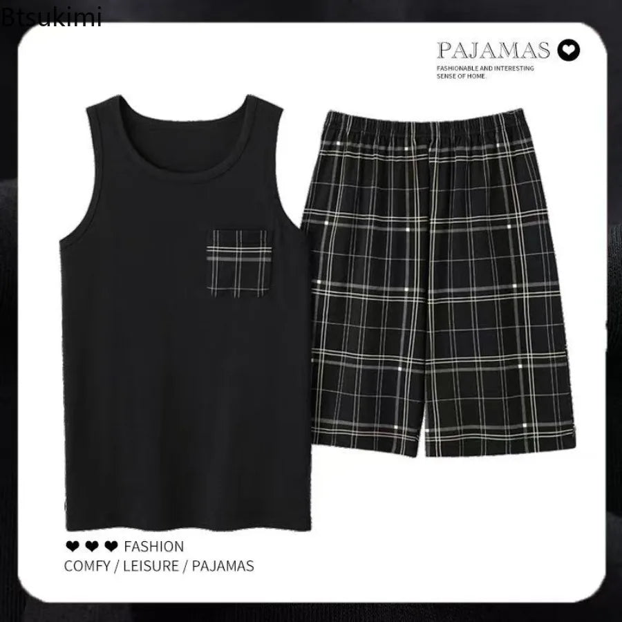 2026 New Men's Pajamas Sets Casual 100% Cotton Home Wear Sleeveless O-Neck Vest and Shorts Two Piece Sets Summer Couple Pajamas