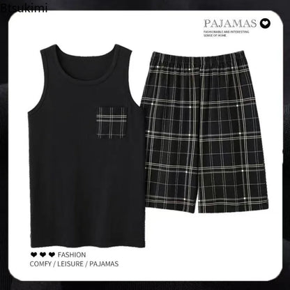 2026 New Men's Pajamas Sets Casual 100% Cotton Home Wear Sleeveless O-Neck Vest and Shorts Two Piece Sets Summer Couple Pajamas