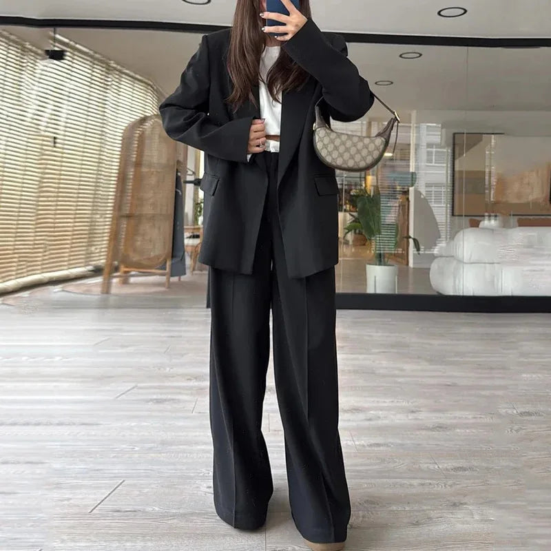 2025 New Women's Suit Long-sleeved Loose Jacket Wide-leg Pants Two-piece Set