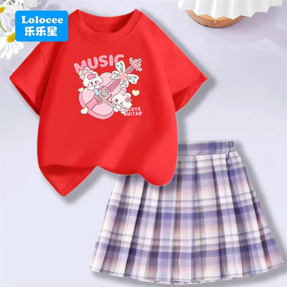 Girls' Trendy School Outfit - Cartoon Music Guitar Rabbit Print Tee + Plaid Skirt Two-Piece Set Teenage Girls Clothes Set