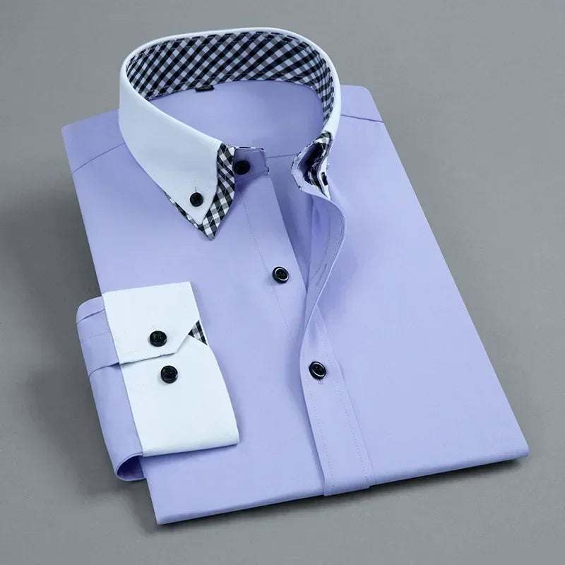 2026 Men's Dress Shirt Non Iron Fashion Double layer Long Sleeve Business Formal Regular Fit Office Camisa Social Shirts Male