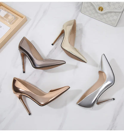 High Heels for Women ELEGANT Sweet Fashion British Style Slip-On 12CM Thin Heels Pointed Toe Office Career Women Shoes Gold 46