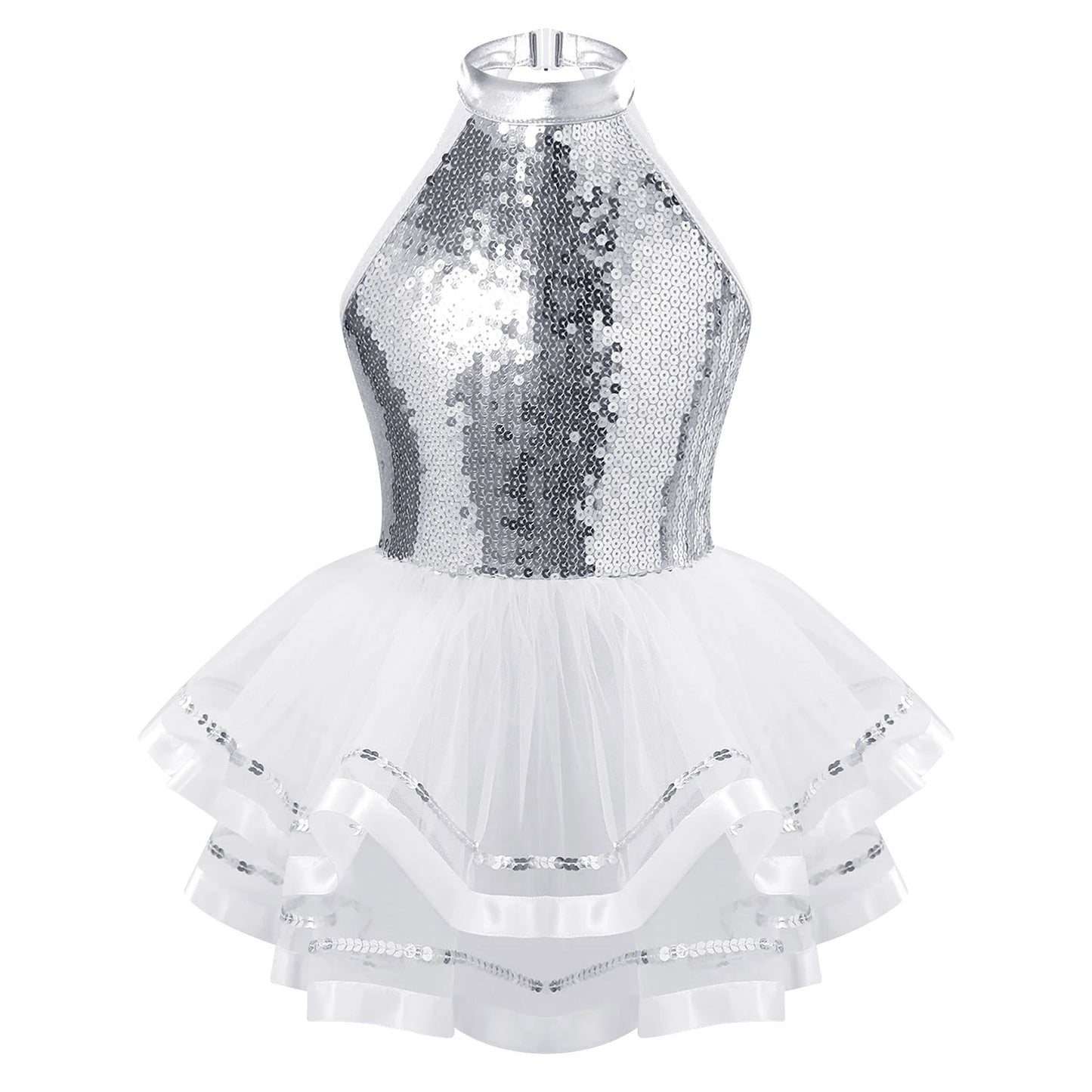 Girls Teens Shiny Sequin Tulle Dress for Ballet Latin Jazz Lyrical Dance Dresses Sleeveless Halter Neck Leotards Tutu Dress