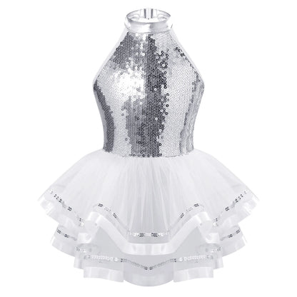 Girls Teens Shiny Sequin Tulle Dress for Ballet Latin Jazz Lyrical Dance Dresses Sleeveless Halter Neck Leotards Tutu Dress