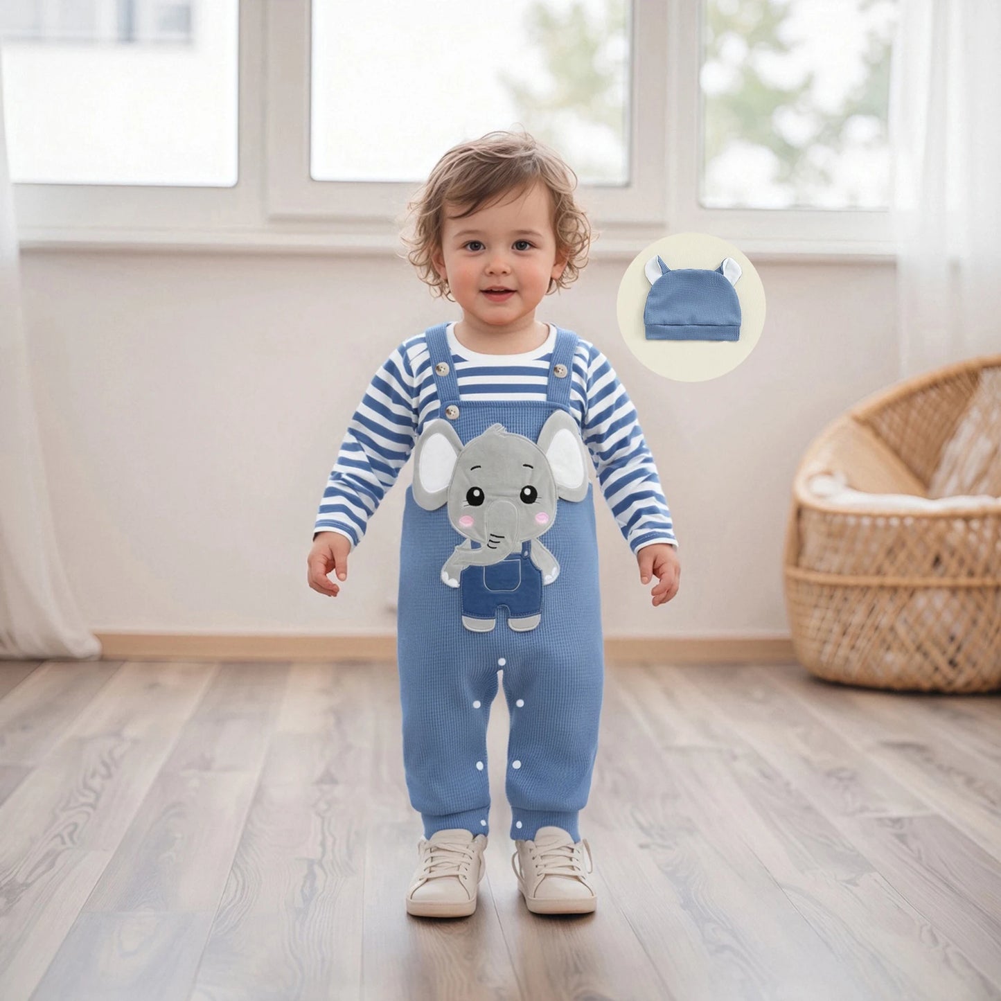 Infant Newborn Baby Boys 3Pcs Outfit Cute Baby Clothes Long Sleeve Striped Romper Animal Embroidery Overalls Hat