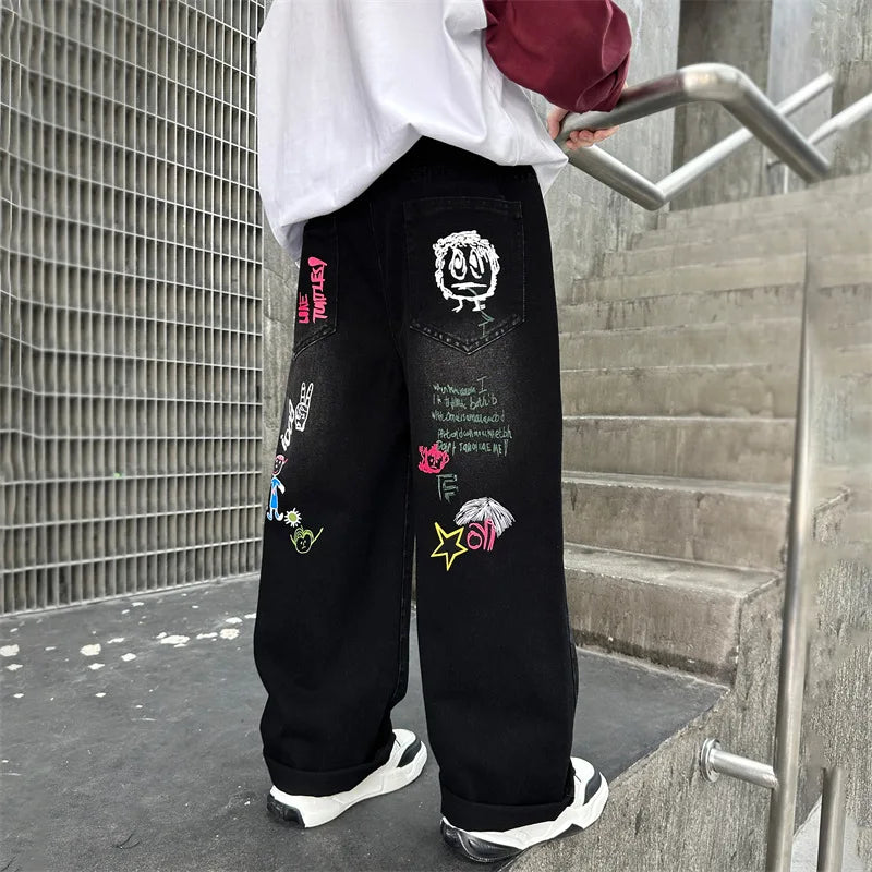 Boys Black Print Jeans Spring/Autumn Kids Wide Leg Pants Washed Denim Straight Pants Teen Children Pants 6 8 10 12 14 Years Old