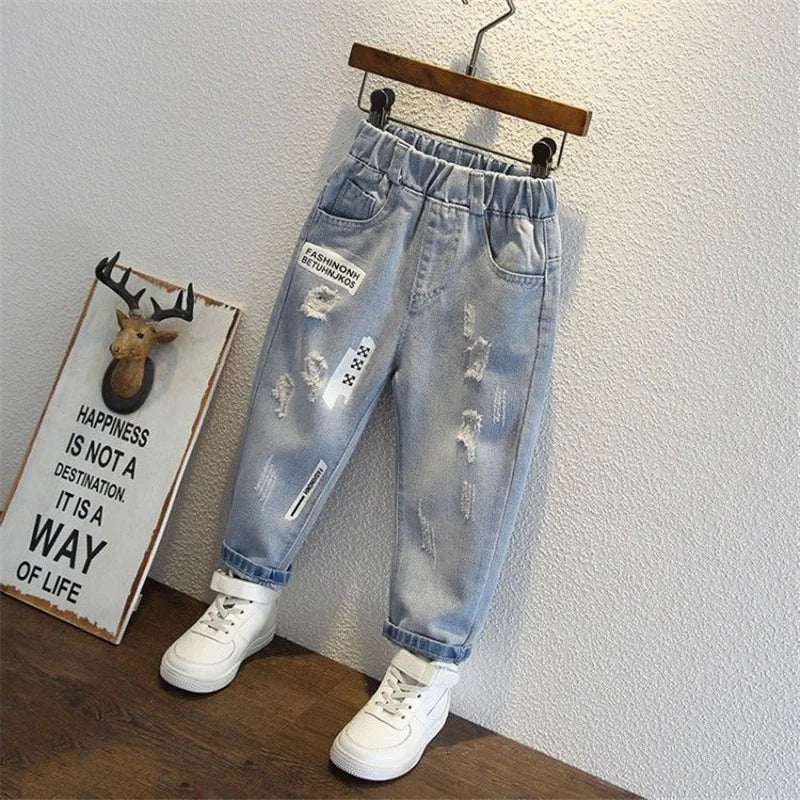 Boys Jeans Spring Autumn New Kids Hole Demin Pants Children Wear Teen Fashion Fit Long Pants Print Harlequin Trousers 3-12 Years
