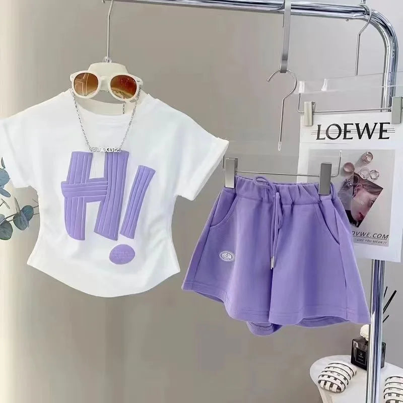 Teen Girls Clothing Set Summer New Letter Print Short-sleeved Tops+Shorts 2Pcs Suit For 4-12 Years Kids Casual Tracksuit Outfits