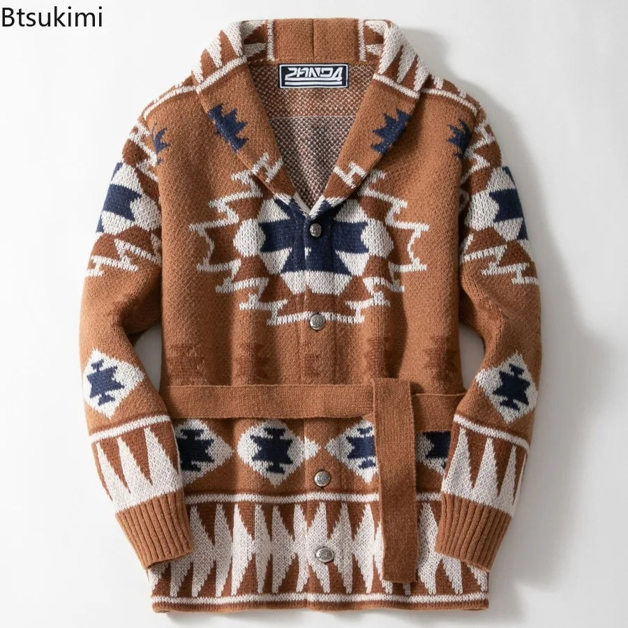 Men Sweaters Vintage Striped Thicken Knitted Buttons Lace-up Cardigan Sweaters Fashion Jacquard Mid-length Sweater Coats for Men