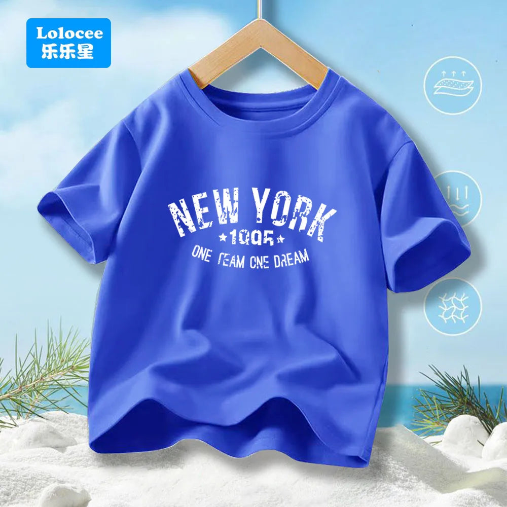 Teens Boys Summer Cotton Fashionable Casual T-shirt Kids New York Letter Printed Round Neck Short Sleeve T-shirt Top ZNYB1