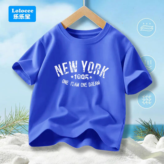 Teens Boys Summer Cotton Fashionable Casual T-shirt Kids New York Letter Printed Round Neck Short Sleeve T-shirt Top ZNYB1