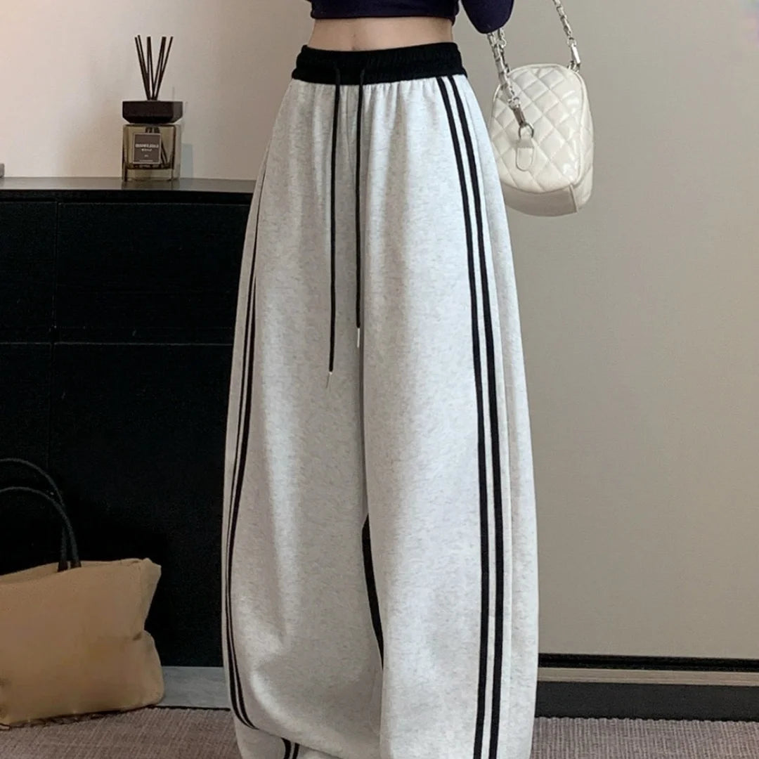 Girls Sweatpants Elastic Waist Drawstring Side Double Striped High Waist Loose Fit Wide Leg Straight Cut Casual Pants Streetwear