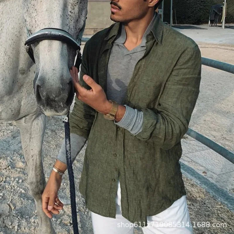 Beach Shirt Men's Casual Shirt Long Sleeve Lapel Cardigan Solid Color Cotton Linen Shirt Men's Tops Light Breathable Streetwear