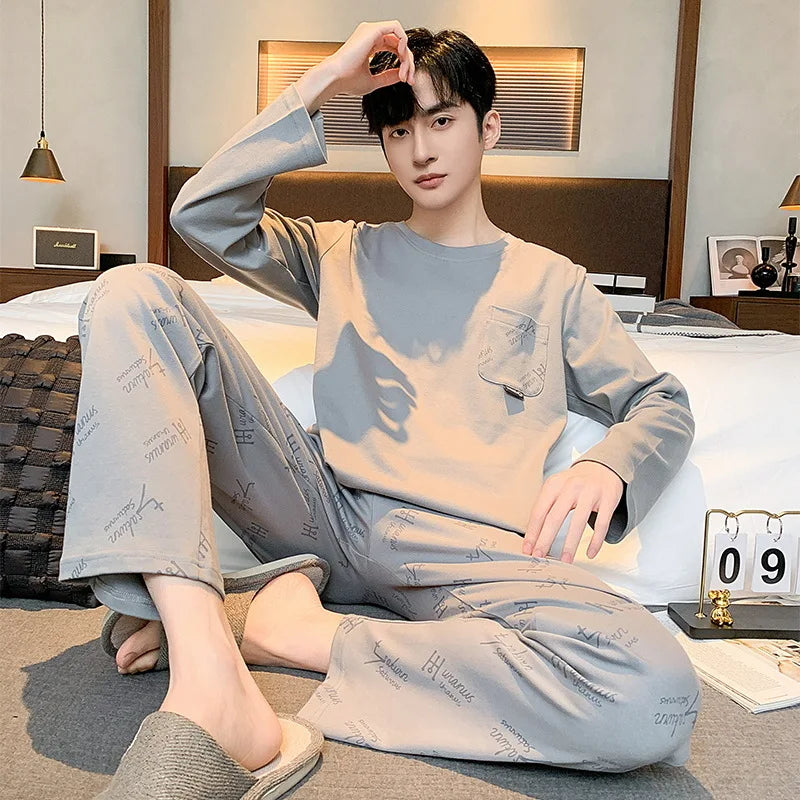 Pajamas for Men Spring Autumn Long Sleeve Lapel Button-up Cardigan Trousers Two-pieces Loose Casual Home Clothes Men Pajama Sets