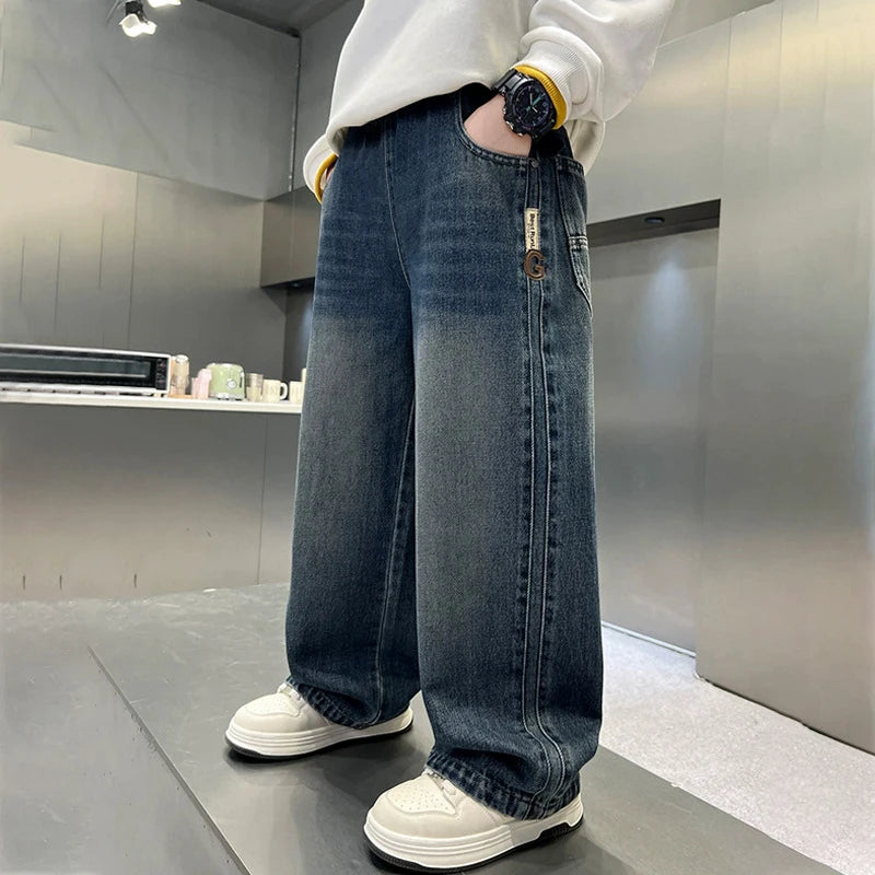 Boys Wide-leg Jeans 5-14 Years Spring Autumn Fashion Cool Casual Sports Denim Straight Pants for Kids Loose Trousers
