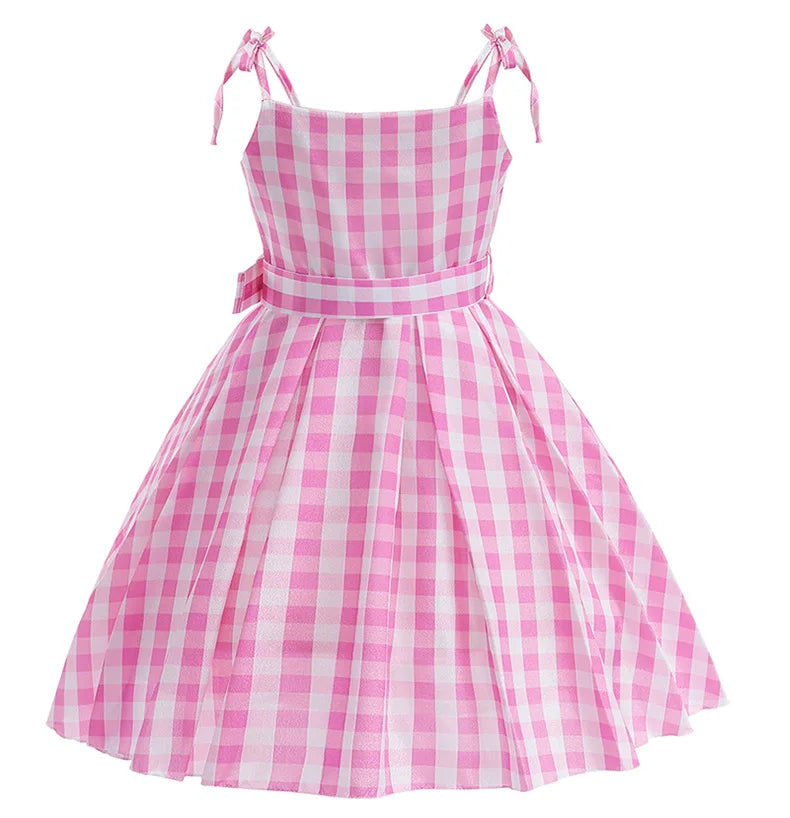 Girls' Summer Off Shoulder Dress with Belt Suitable For Female Pink Plaid Frock Kid Christmas And Halloween Role-Playing Costume
