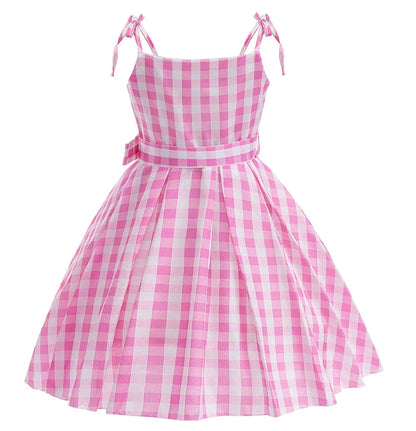 Girls' Summer Off Shoulder Dress with Belt Suitable For Female Pink Plaid Frock Kid Christmas And Halloween Role-Playing Costume