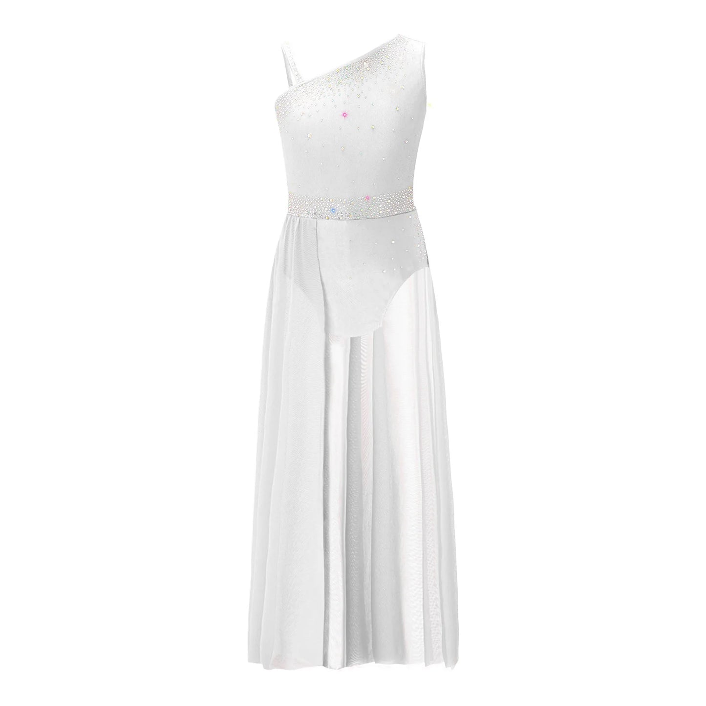 Girls Delicate 3D Flower Lyrical Dance Dress Asymmetrical Ruched Long Dress Gymnastics Modern Dance Clothes Performance Dress