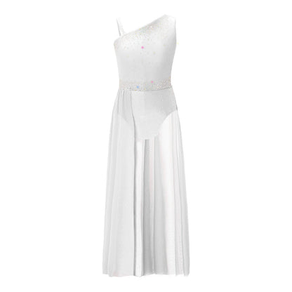 Girls Delicate 3D Flower Lyrical Dance Dress Asymmetrical Ruched Long Dress Gymnastics Modern Dance Clothes Performance Dress