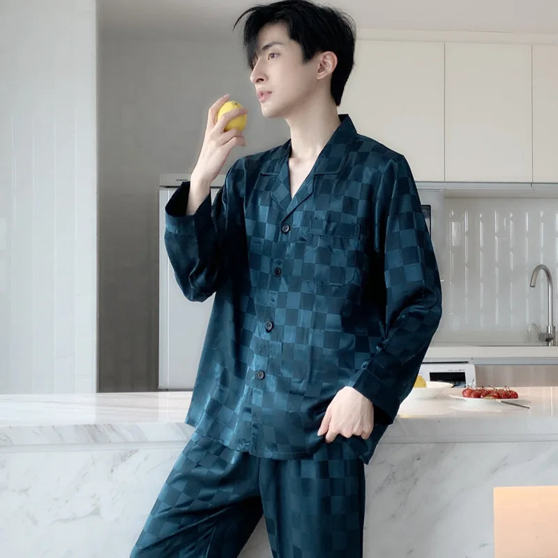 Pajamas Men Spring Summer Thin Ice Silk Luxurious Loose Fitting Home Wear Suit Male Satin Pyjamas Set Night Pajamas Set Men