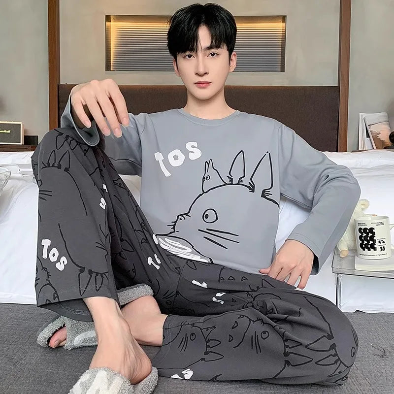 Men Pajamas Set of Autumn and Winter Tops and Pants Youth Nightwear Homewear Two-Piece Student Striped Sleepwear Loungewear