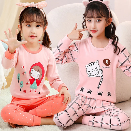 Girls' pure cotton underwear spring and autumn cartoon print loungewear set children's pajamas comfortable crew neck topandpants