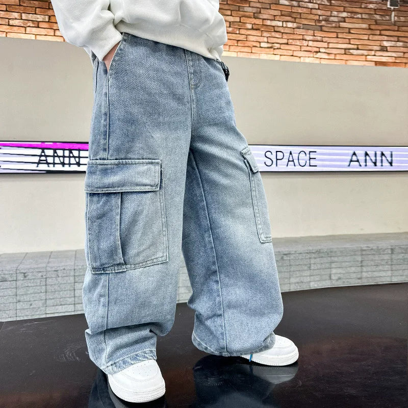 Teen Boys Straight Leg Cargo Jeans New Spring/Autumn Kids Wide Leg Denim Long Pants for Children Loose Pockets Trousers 5 14 Yrs