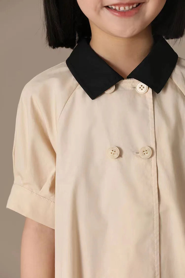 Girls Dress 2025 Spring Summer New Simple Temperament Cotton Contrasting Turn-down Collar Double Breasted Short Sleeved Dress