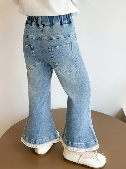Girls Casual Pearl Trimmed Denim Pants Spring Autumn New Style Fashionable Kids Clothing High Waist Flared Legs Thin Material